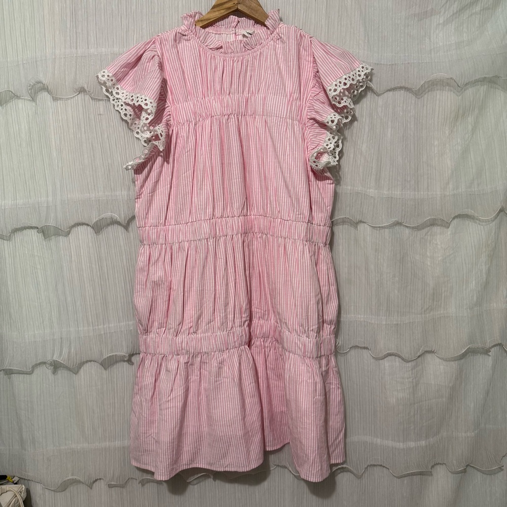 Aureum Pink White Pinstripe Tiered Ruffle Dress Size M Eyelet Cottagecore NWT